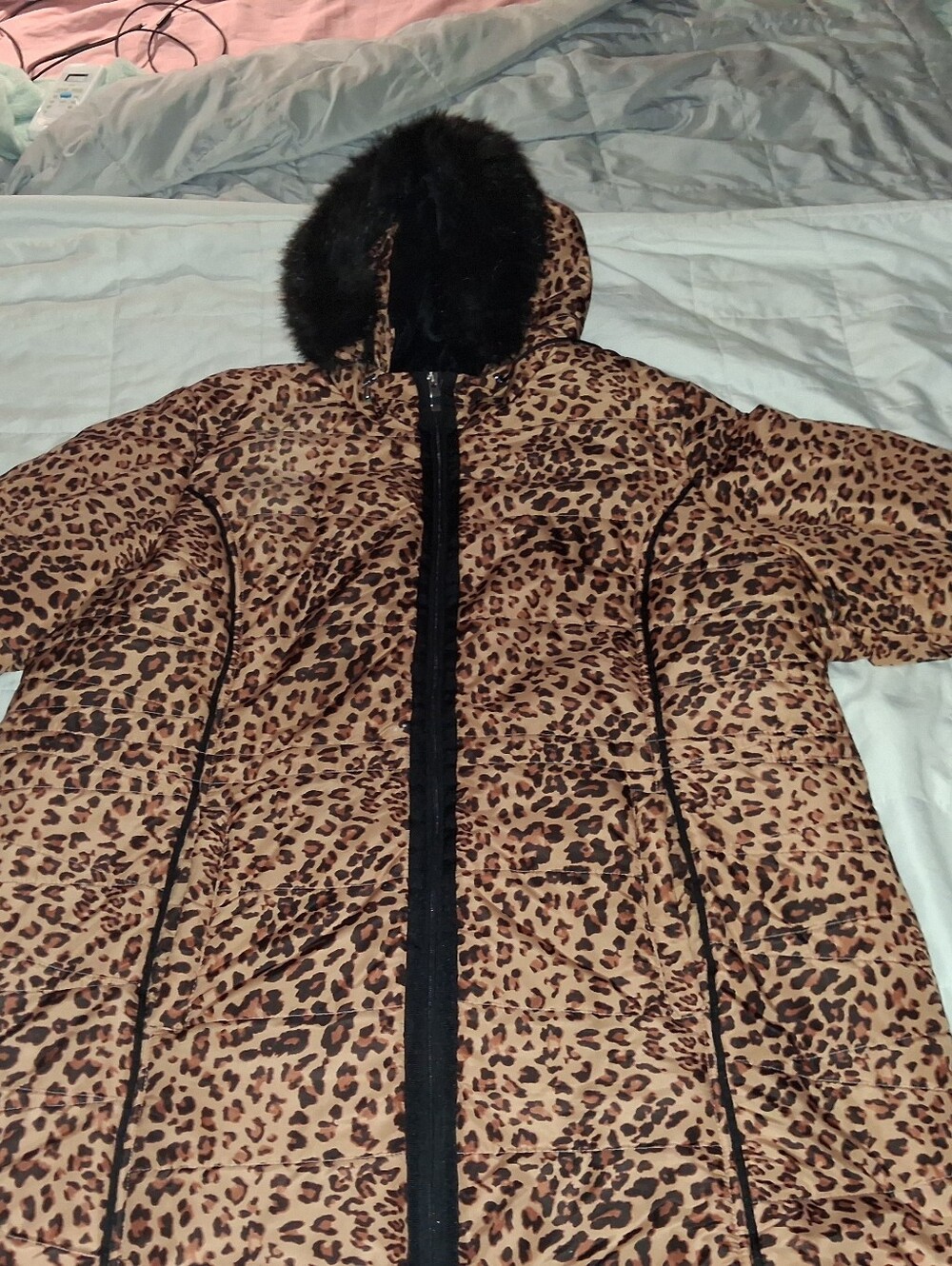 d.e.t.a.i.l.s. INTERNATIONAL Women's Black Leopard Faux Fur Puffer Jacket 2X